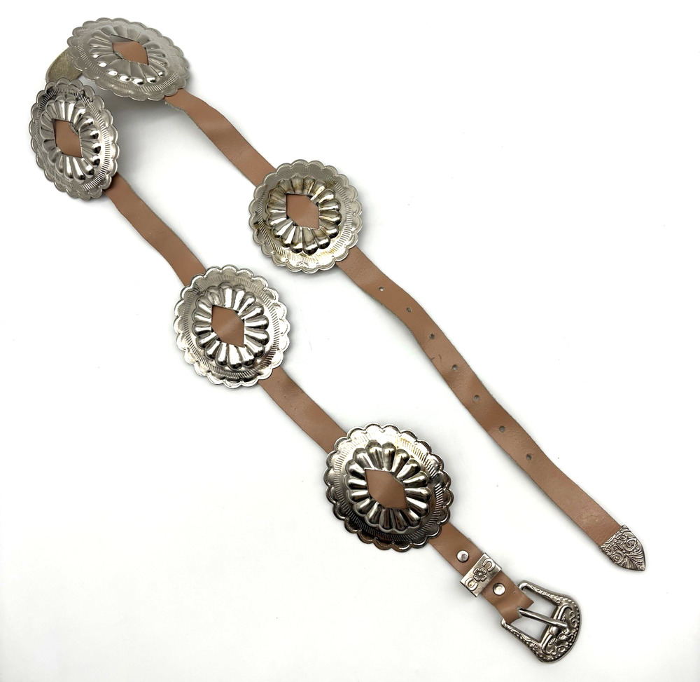 Vintage 80s Dusty Rose Leather Large Oval Conchos Skinny Western Belt 28-33"